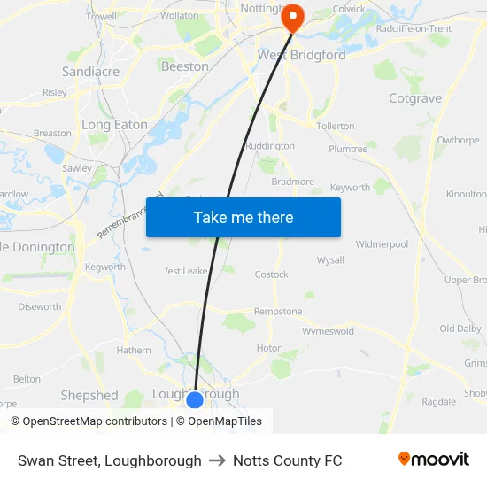 Swan Street, Loughborough to Notts County FC map