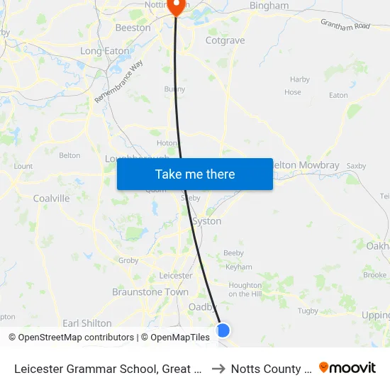 Leicester Grammar School, Great Glen to Notts County FC map