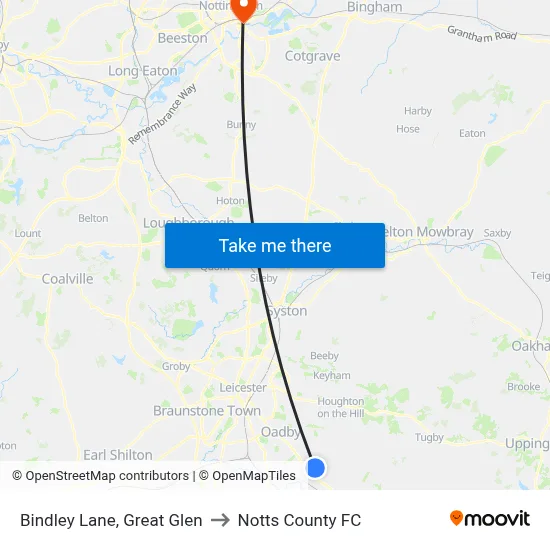 Bindley Lane, Great Glen to Notts County FC map