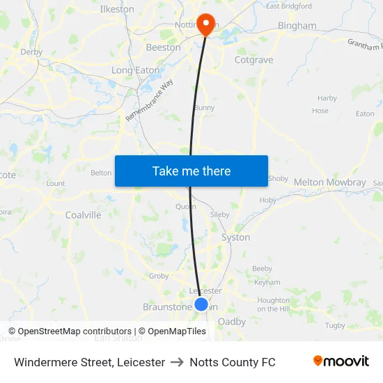 Windermere Street, Leicester to Notts County FC map