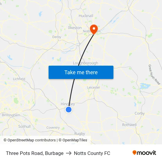 Three Pots Road, Burbage to Notts County FC map