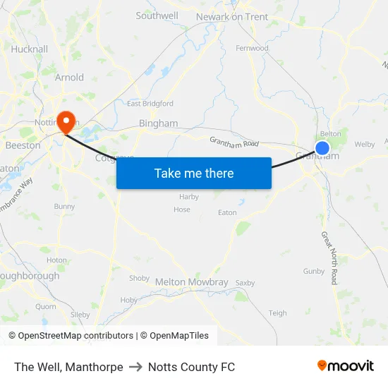 The Well, Manthorpe to Notts County FC map