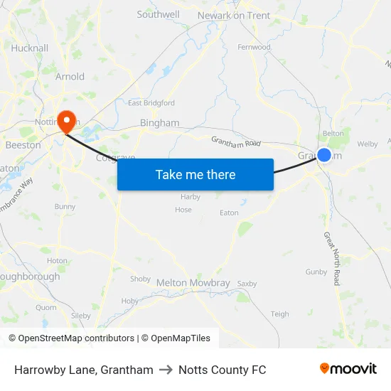Harrowby Lane, Grantham to Notts County FC map