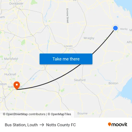 Bus Station, Louth to Notts County FC map
