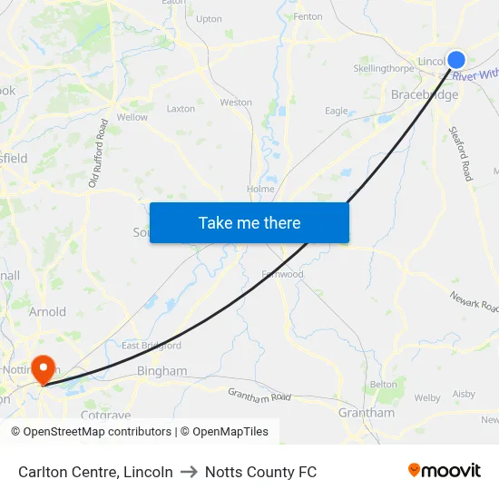 Carlton Centre, Lincoln to Notts County FC map