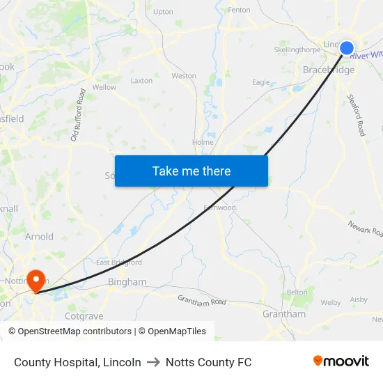 County Hospital, Lincoln to Notts County FC map