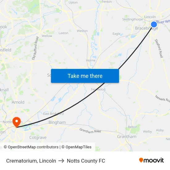 Crematorium, Lincoln to Notts County FC map