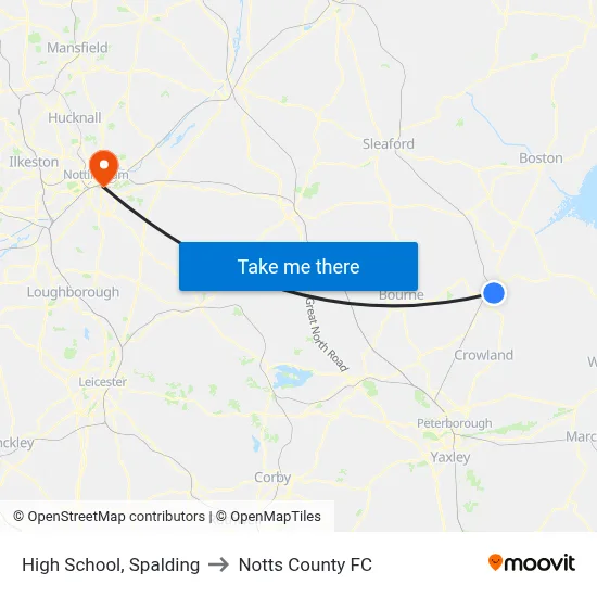 High School, Spalding to Notts County FC map