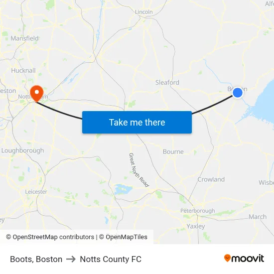 Boots, Boston to Notts County FC map