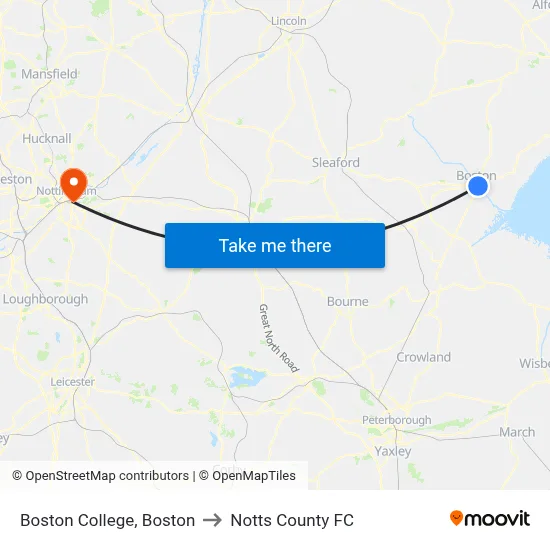 Boston College, Boston to Notts County FC map