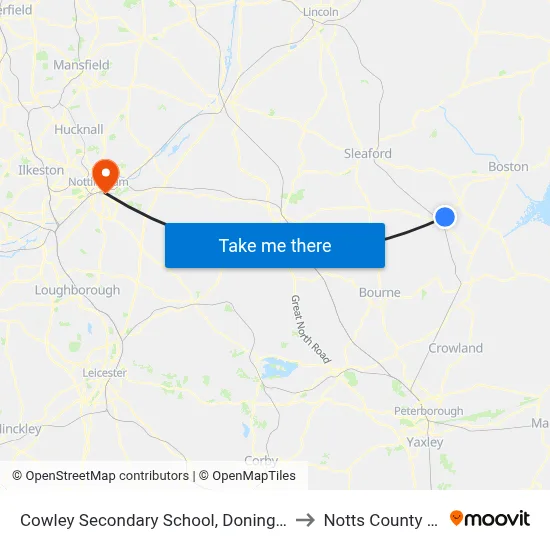 Cowley Secondary School, Donington to Notts County FC map
