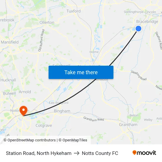 Station Road, North Hykeham to Notts County FC map