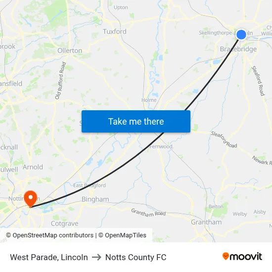 West Parade, Lincoln to Notts County FC map