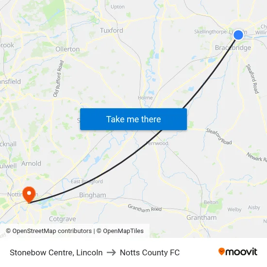 Stonebow Centre, Lincoln to Notts County FC map