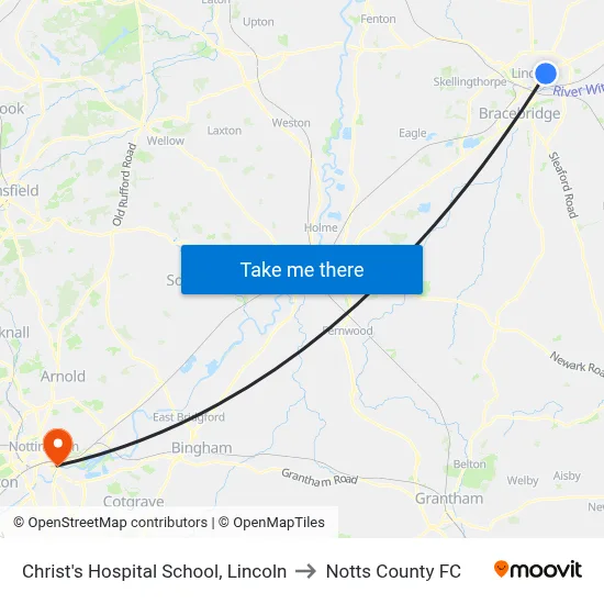 Christ's Hospital School, Lincoln to Notts County FC map