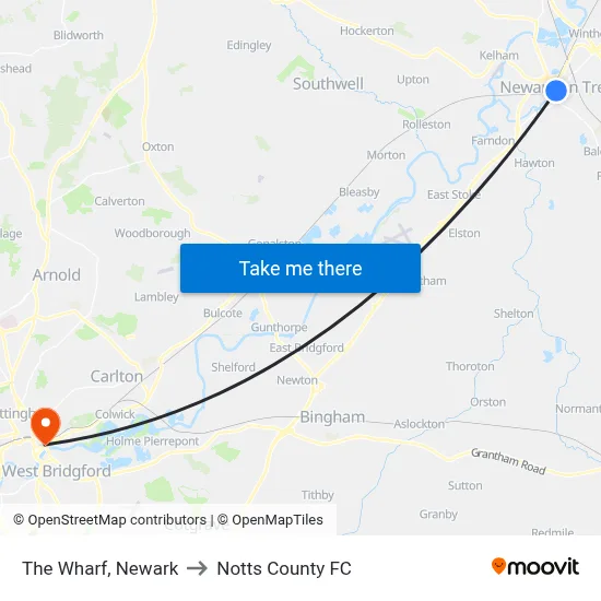 The Wharf, Newark to Notts County FC map