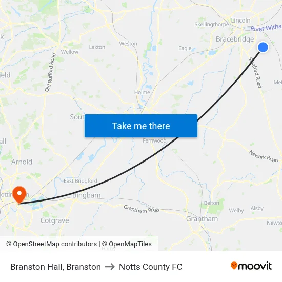 Branston Hall, Branston to Notts County FC map