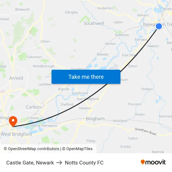 Castle Gate, Newark to Notts County FC map