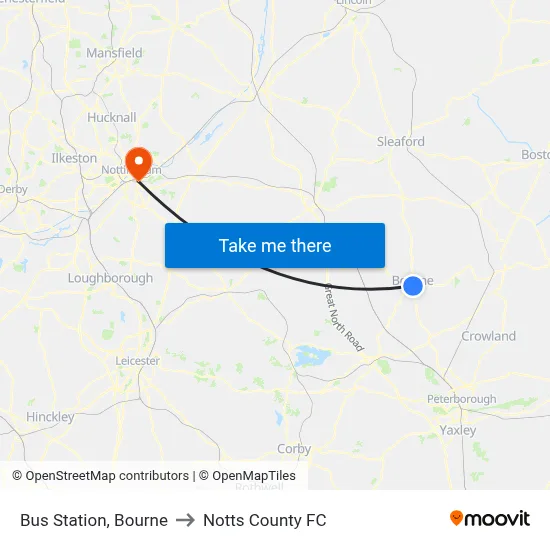 Bus Station, Bourne to Notts County FC map