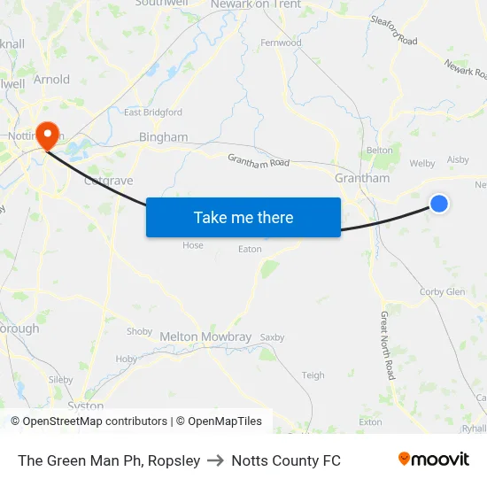 The Green Man Ph, Ropsley to Notts County FC map