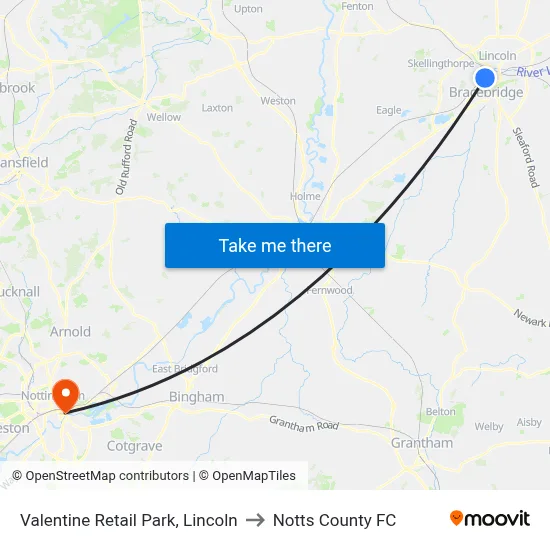 Valentine Retail Park, Lincoln to Notts County FC map