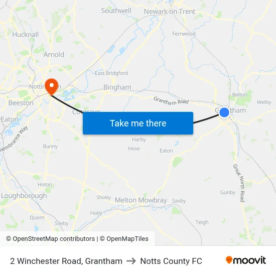 2 Winchester Road, Grantham to Notts County FC map