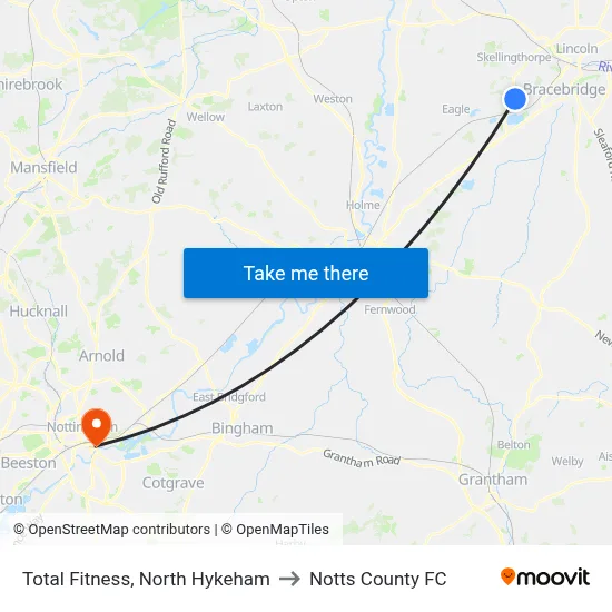 Total Fitness, North Hykeham to Notts County FC map