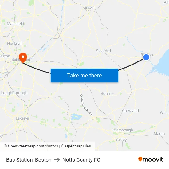 Bus Station, Boston to Notts County FC map