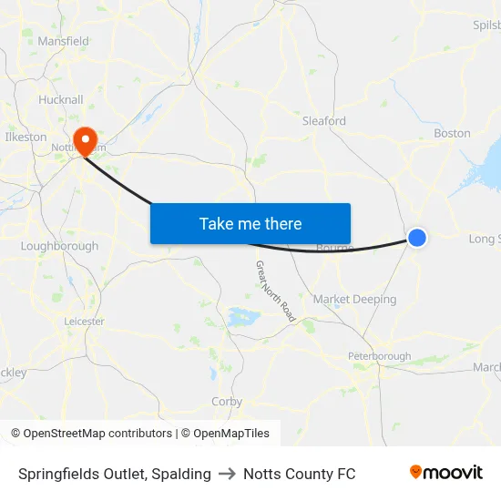 Springfields Outlet, Spalding to Notts County FC map