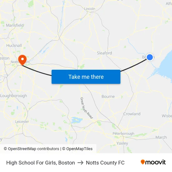 High School For Girls, Boston to Notts County FC map