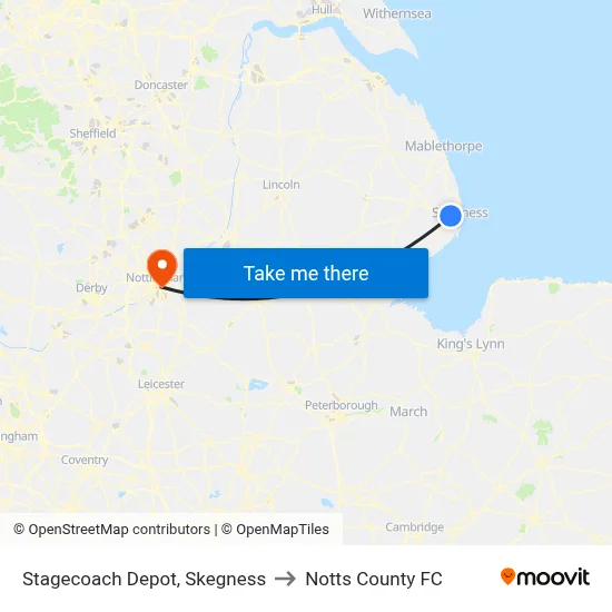 Stagecoach Depot, Skegness to Notts County FC map
