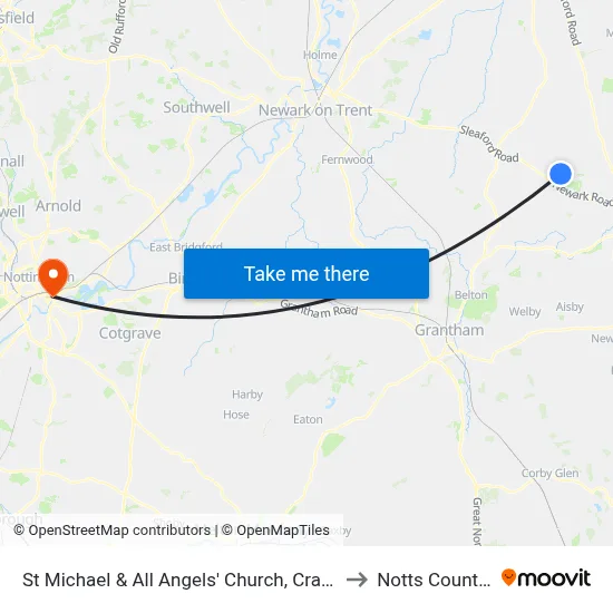 St Michael & All Angels' Church, Cranwell Raf to Notts County FC map