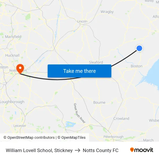 William Lovell School, Stickney to Notts County FC map