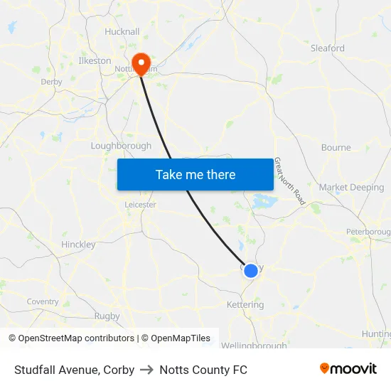 Studfall Avenue, Corby to Notts County FC map