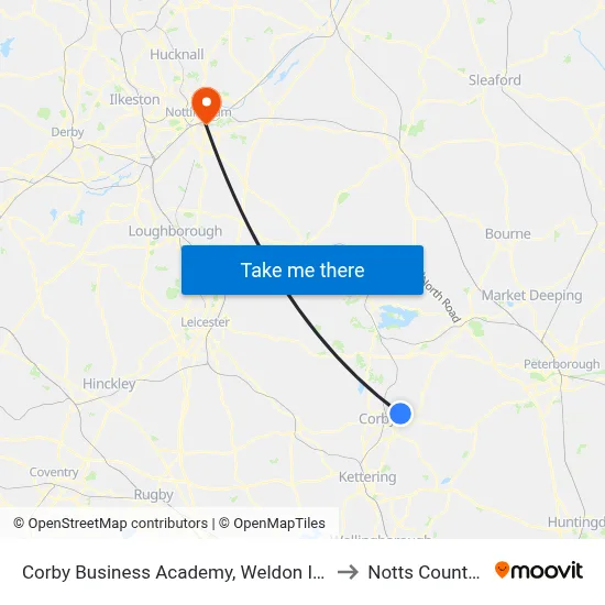 Corby Business Academy, Weldon Industry to Notts County FC map