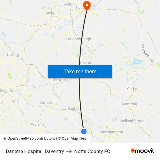 Danetre Hospital, Daventry to Notts County FC map