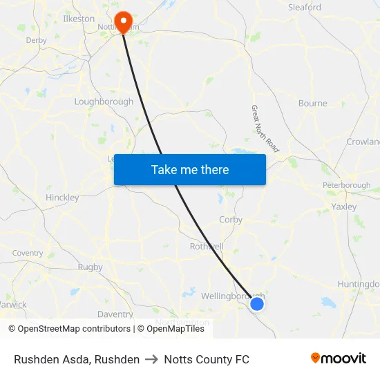 Rushden Asda, Rushden to Notts County FC map