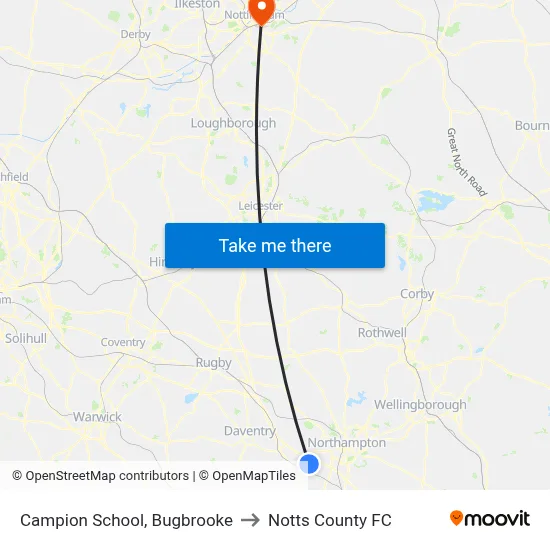 Campion School, Bugbrooke to Notts County FC map