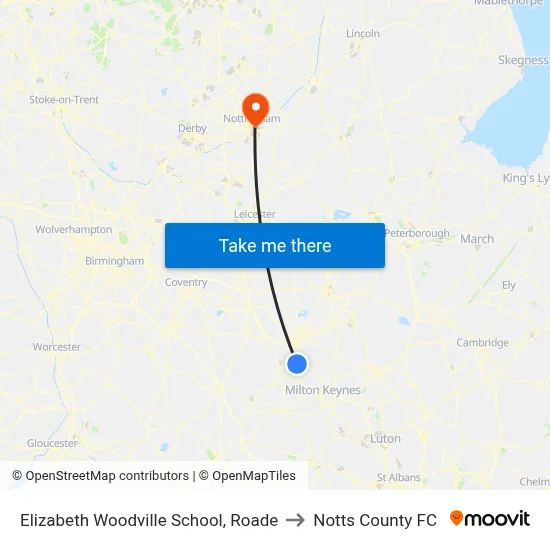 Elizabeth Woodville School, Roade to Notts County FC map