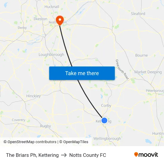 The Briars Ph, Kettering to Notts County FC map
