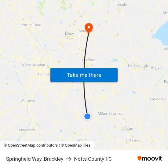 Springfield Way, Brackley to Notts County FC map