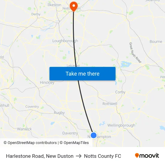 Harlestone Road, New Duston to Notts County FC map