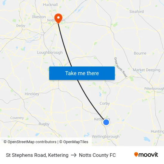 St Stephens Road, Kettering to Notts County FC map