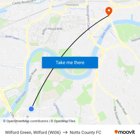 Wilford Green, Wilford (Wi06) to Notts County FC map
