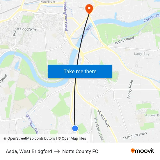 Asda, West Bridgford to Notts County FC map