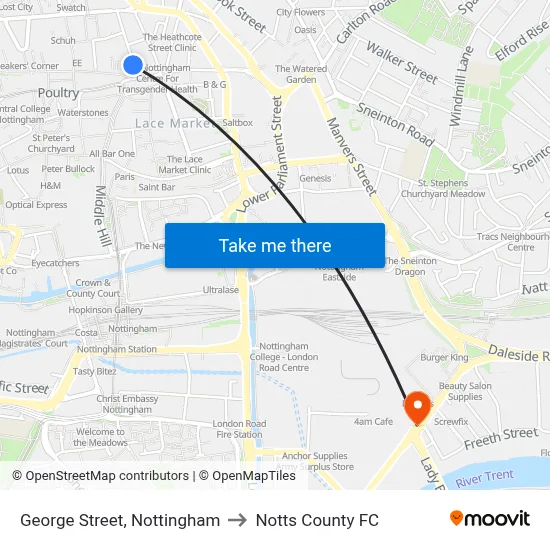 George Street, Nottingham to Notts County FC map