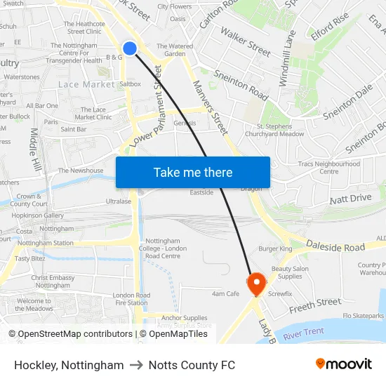 Hockley, Nottingham to Notts County FC map