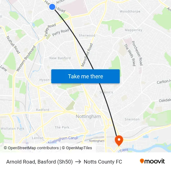 Arnold Road, Basford (Sh50) to Notts County FC map