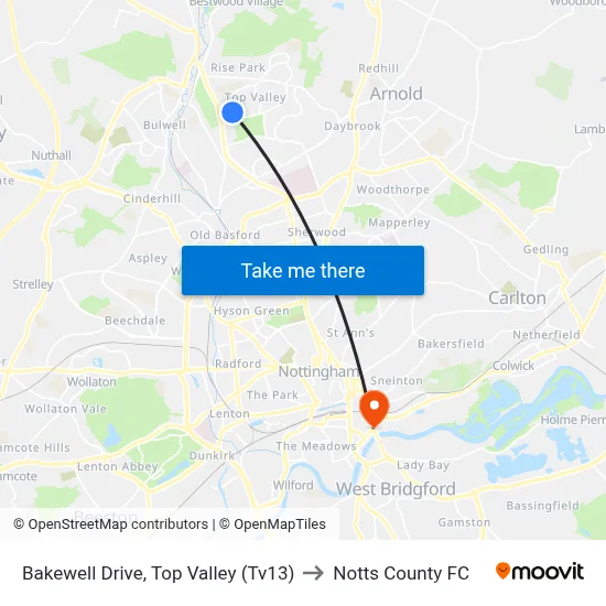 Bakewell Drive, Top Valley (Tv13) to Notts County FC map