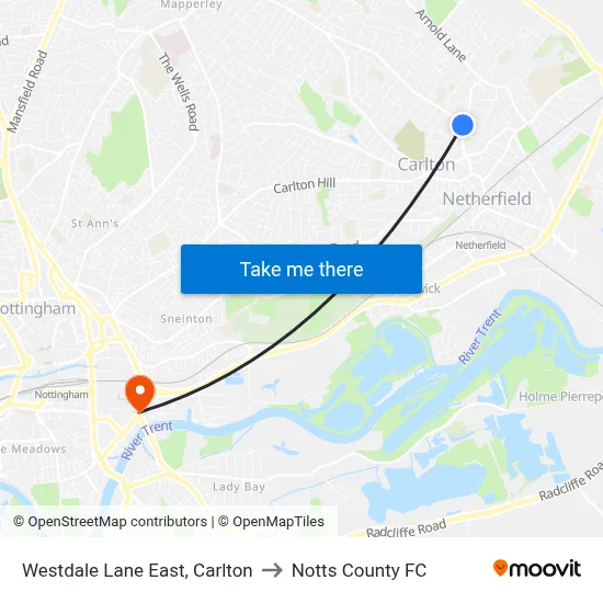 Westdale Lane East, Carlton to Notts County FC map